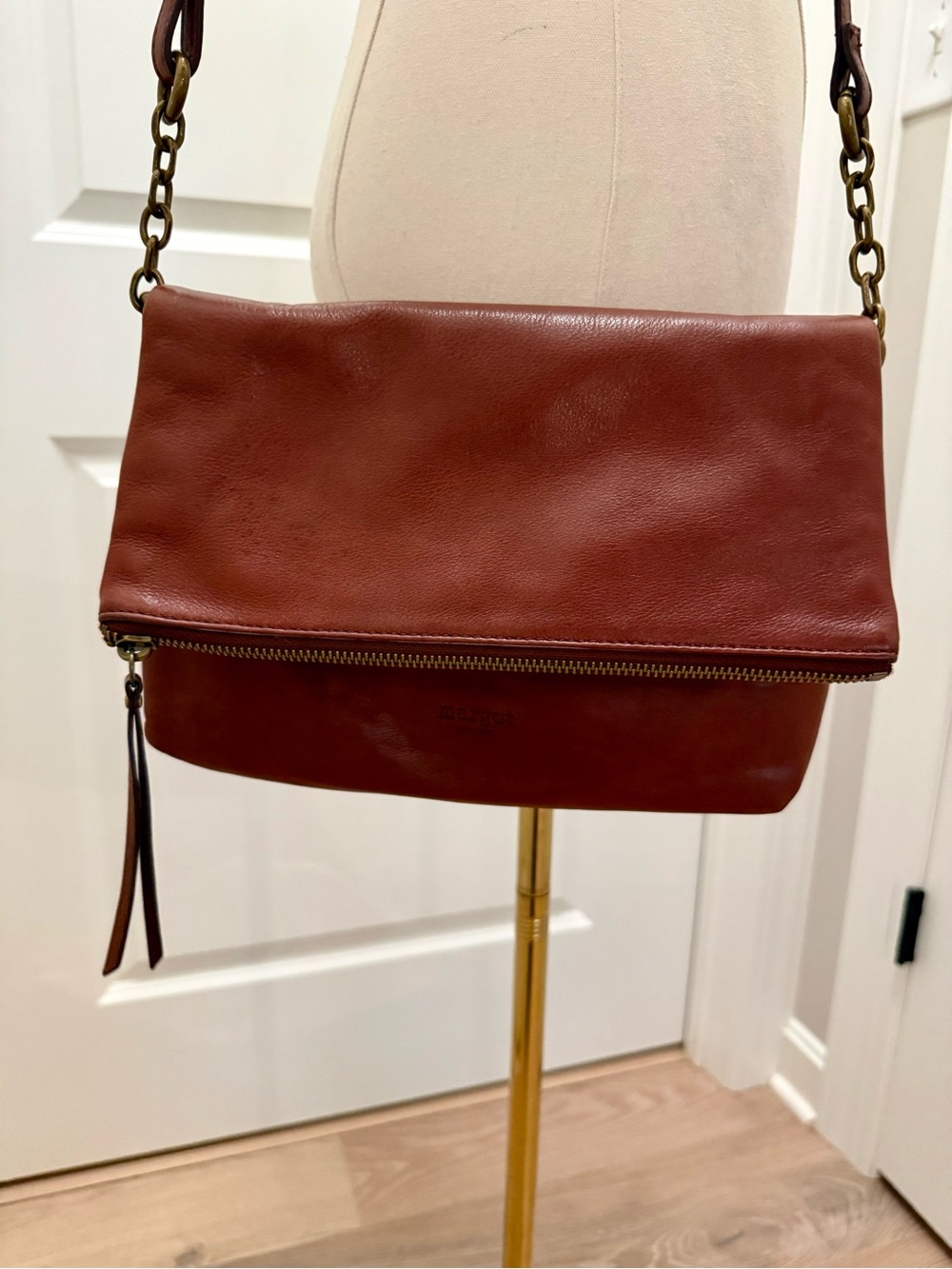 Vintage Leather Fold-Over Crossbody Bag in Brown/Cognac